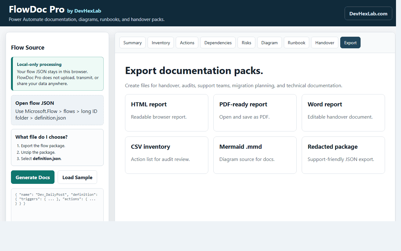 FlowDoc Pro — export options including HTML, Word, CSV, Mermaid, and JSON